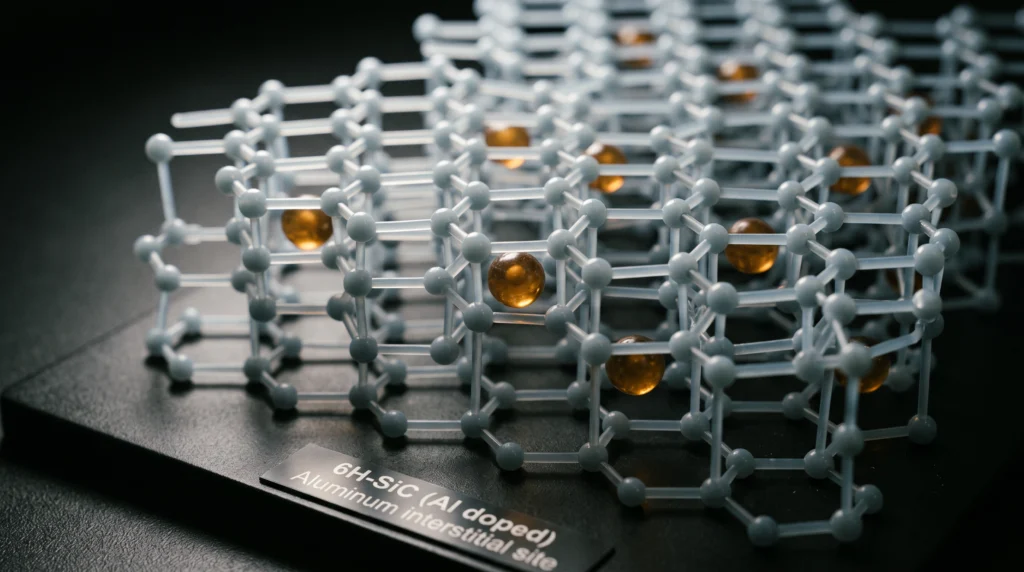 A cutaway scale model of a silicon carbide crystal lattice, magnified as if under a scanning probe, rendered in pale grey-blue translucent resin with a scattering…