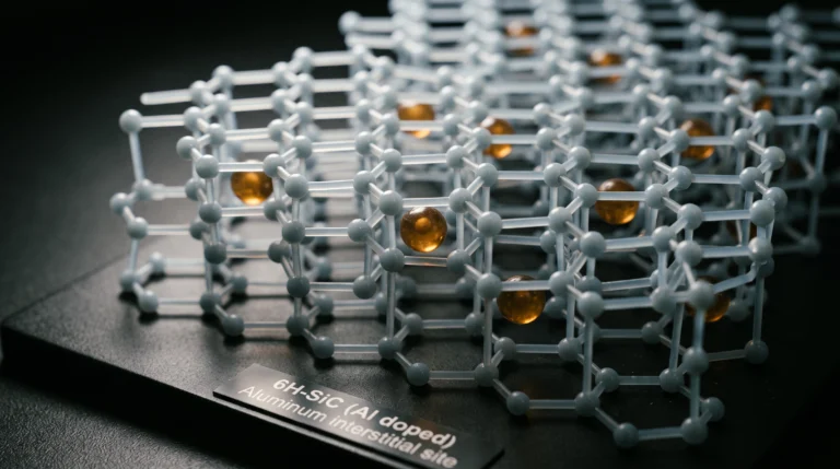 A cutaway scale model of a silicon carbide crystal lattice, magnified as if under a scanning probe, rendered in pale grey-blue translucent resin with a scattering of…
