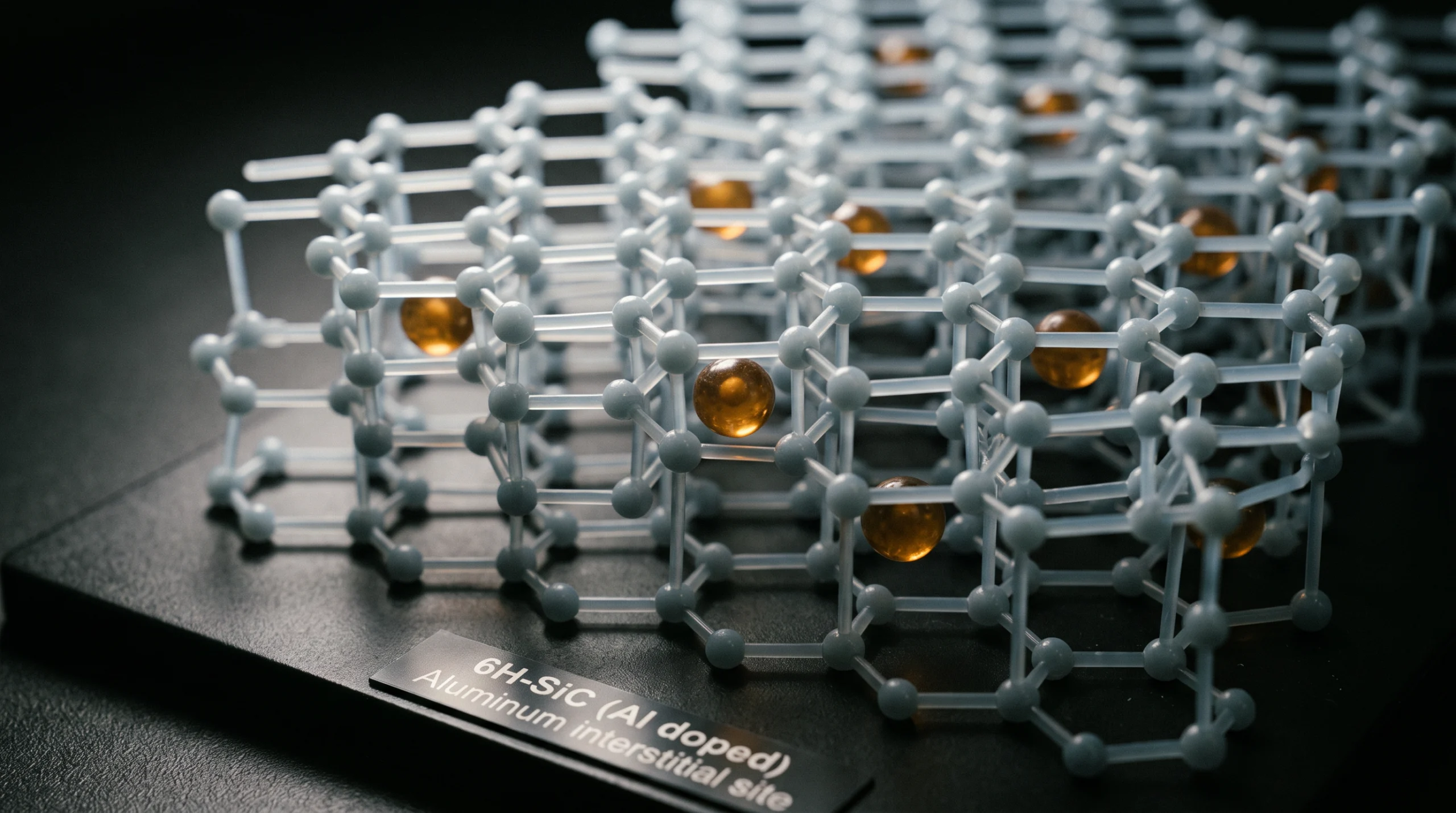 A cutaway scale model of a silicon carbide crystal lattice, magnified as if under a scanning probe, rendered in pale grey-blue translucent resin with a scattering of…