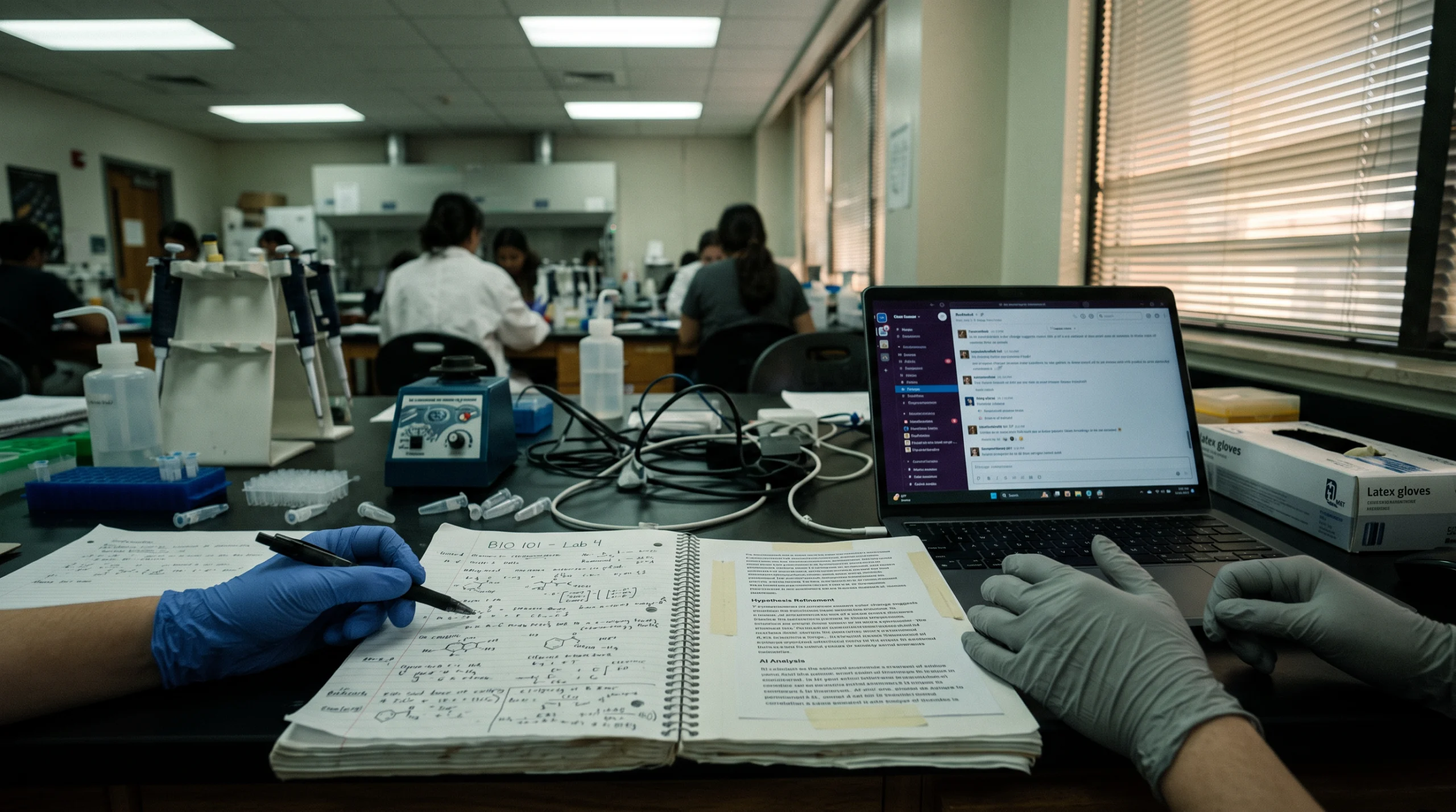 A crowded undergraduate teaching lab, shot at eye level in documentary style: a shared bench cluttered with pipette tips, a laptop showing a glowing but illegible chat…