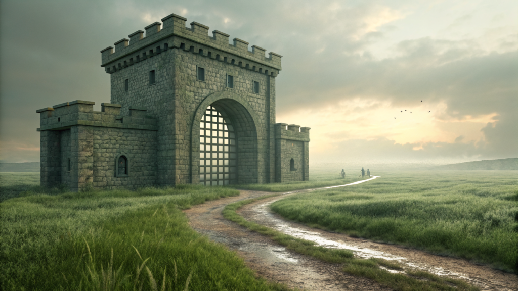 A fortified stone gatehouse with its portcullis lowered, standing alone in open grassland with no wall attached to either side and a worn footpath curving around its flank.