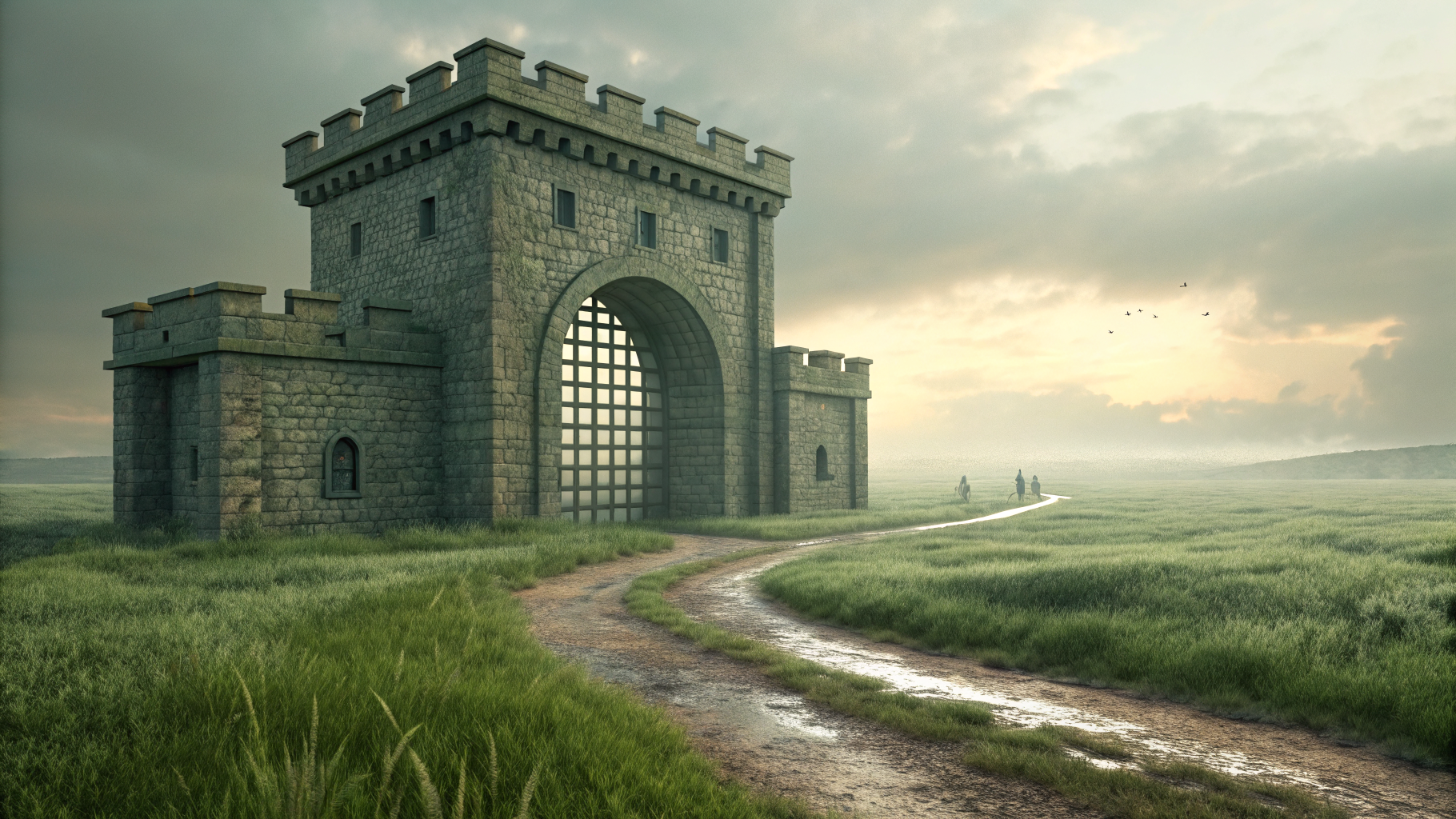 A fortified stone gatehouse with its portcullis lowered, standing alone in open grassland with no wall attached to either side and a worn footpath curving around its flank.
