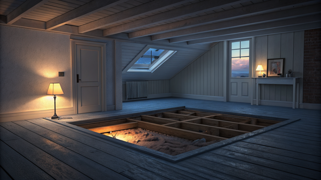 An upstairs room at dusk with a large section of floorboards lifted away, exposing joists and insulation in the cavity beneath while the furnished room around it sits completely undisturbed.