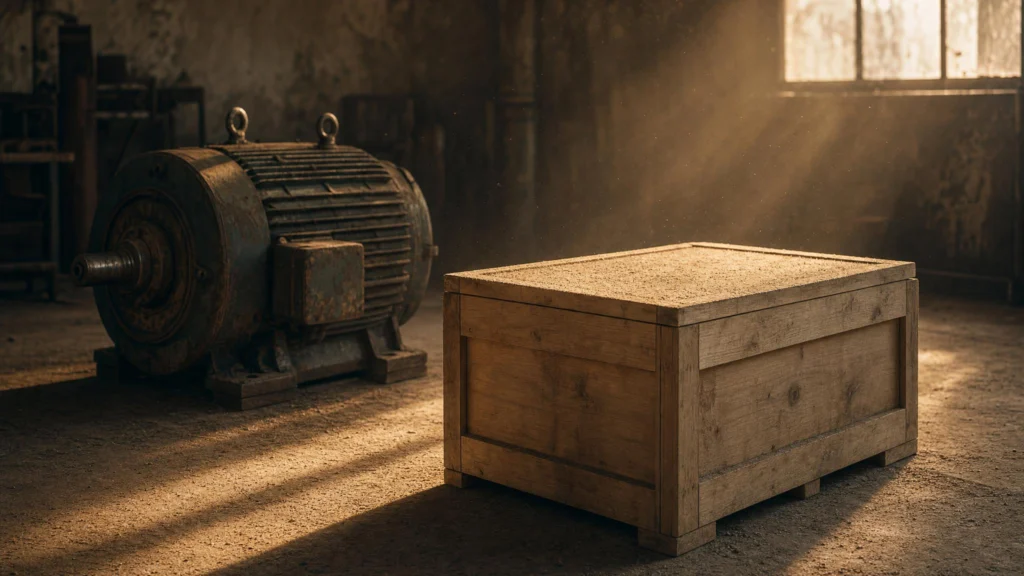 A rusted industrial motor standing in shadow beside a sealed wooden crate lit by a shaft of window light, thick dust settled undisturbed across the crate lid.