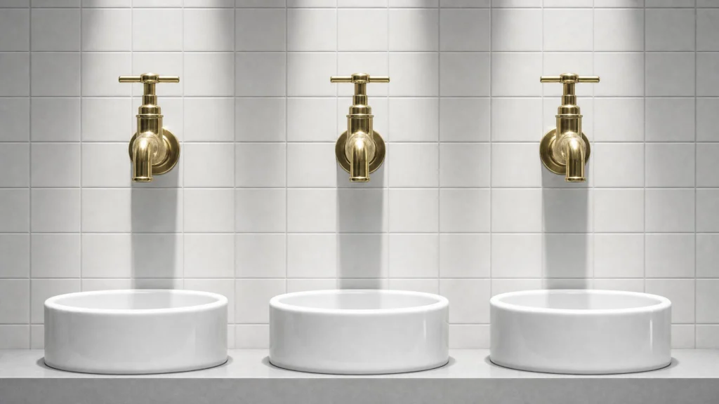 Three brass taps mounted above three spotless white basins, every handle turned fully open and not a drop of water falling from any of them.