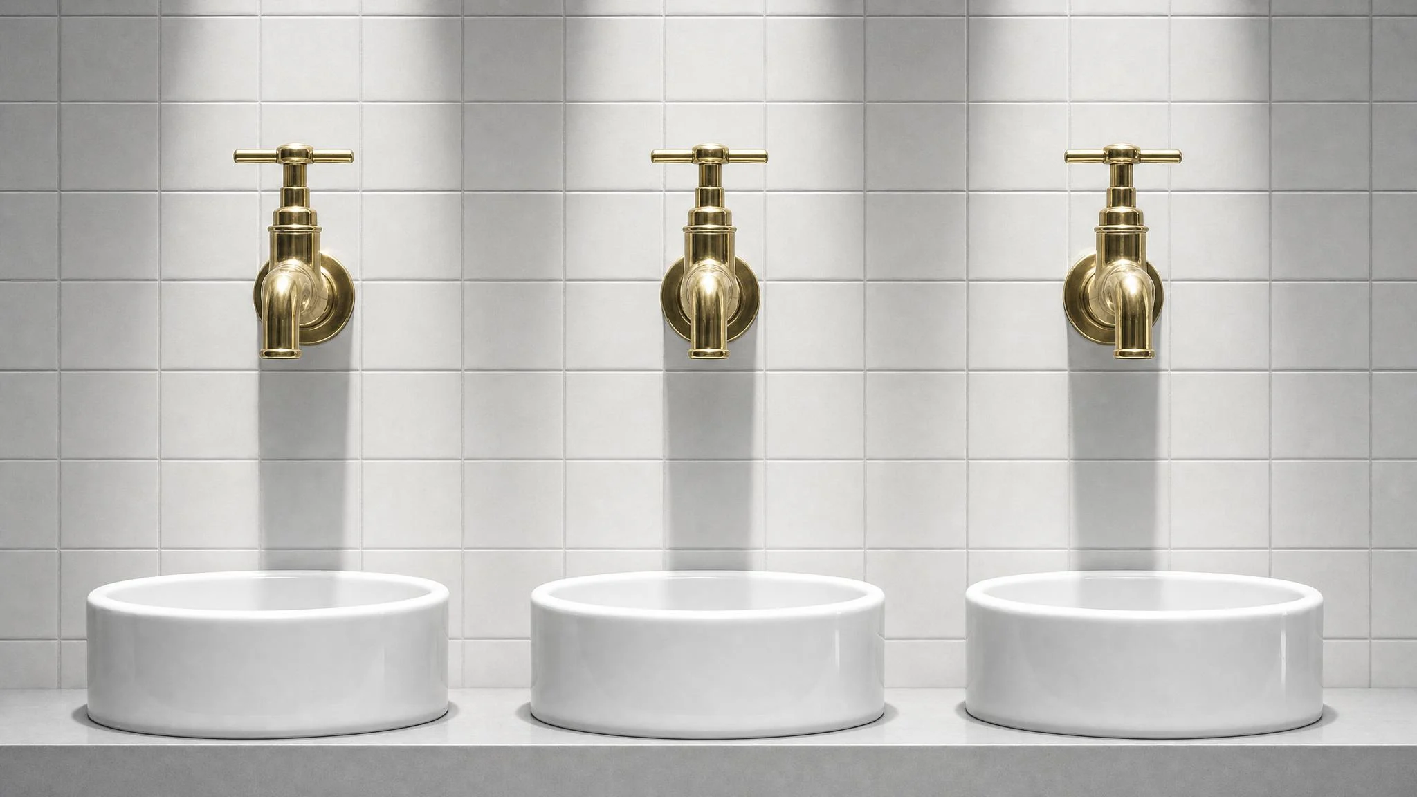 Three brass taps mounted above three spotless white basins, every handle turned fully open and not a drop of water falling from any of them.