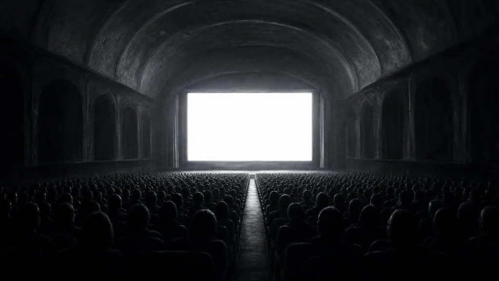 A packed cinema auditorium in deep shadow, hundreds of silhouetted heads facing a blazing white blank screen beneath a vaulted stone…