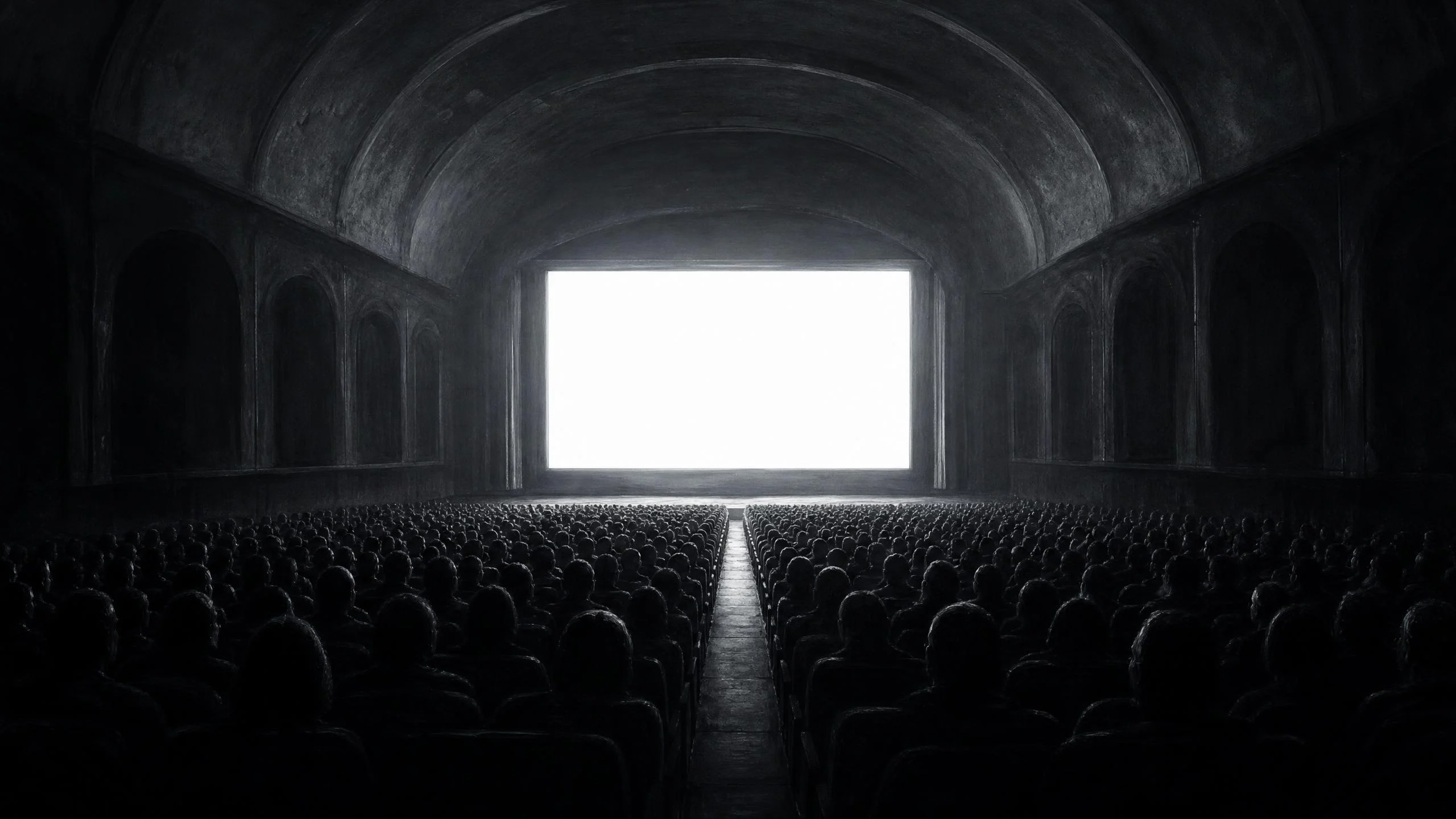 A packed cinema auditorium in deep shadow, hundreds of silhouetted heads facing a blazing white blank screen beneath a vaulted stone arch