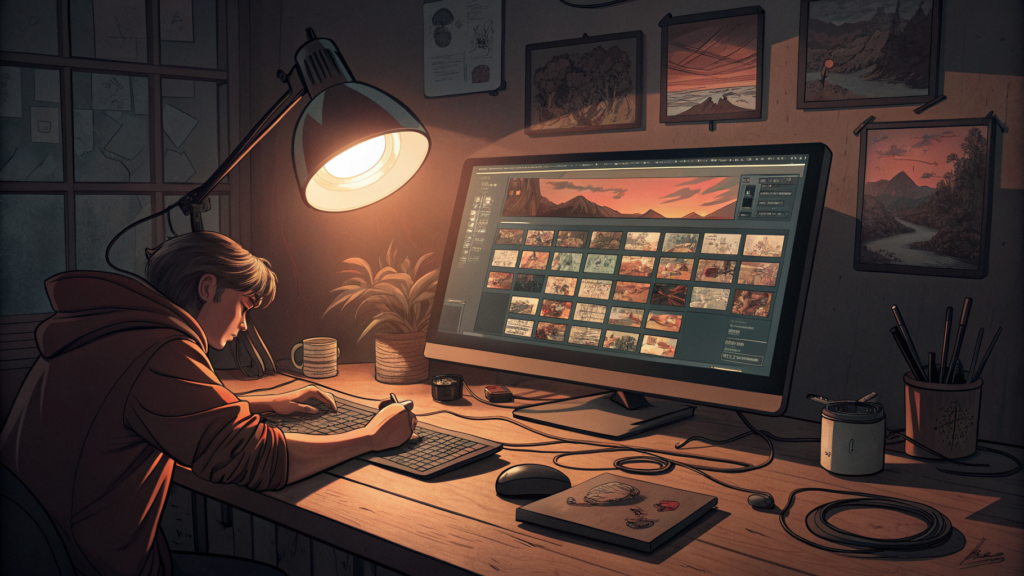 A filmmaker's workstation lit by a single overhead lamp, monitor showing a mosaic of AI-generated video frames