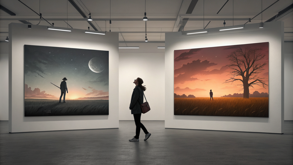 Two near-identical gallery prints of the same rural dusk scene, a visitor standing between them