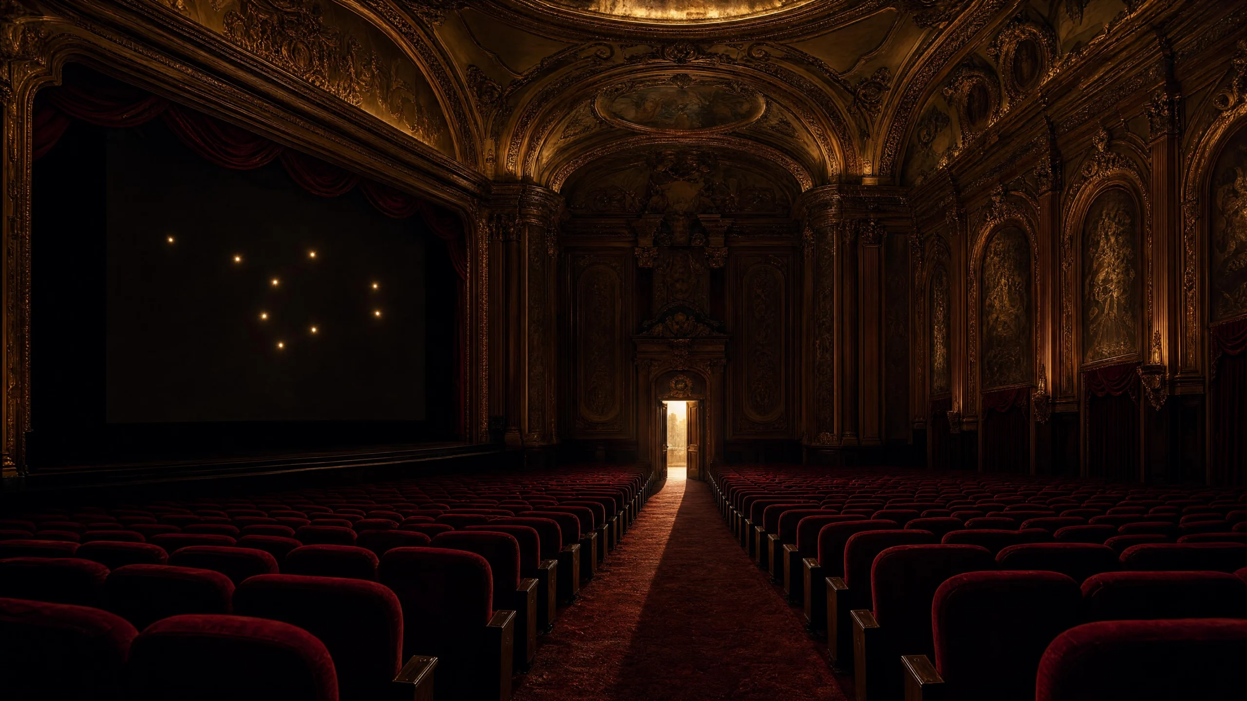 Empty baroque theater with gilded ceiling and red velvet seats; six points of light scattered on the dark screen, a warm doorway open at the far end