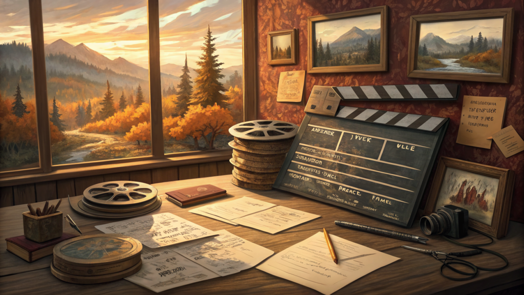 A tiny filmmaker's desk dwarfed by a vast painted forest of film frames extending to the horizon