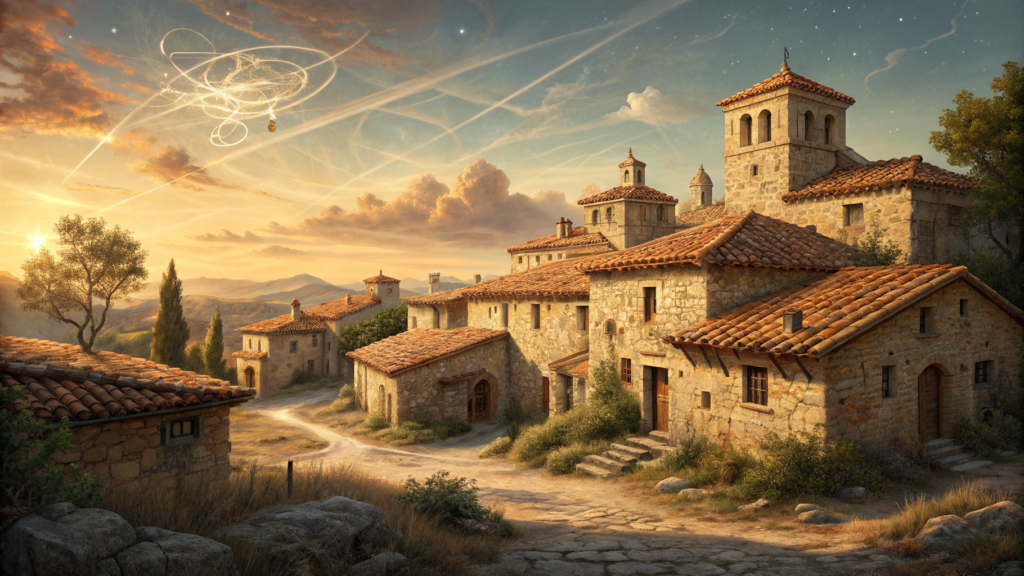 A baroque coastal village at the edge where stone architecture meets luminous AI-generated sky patterns rising from the horizon