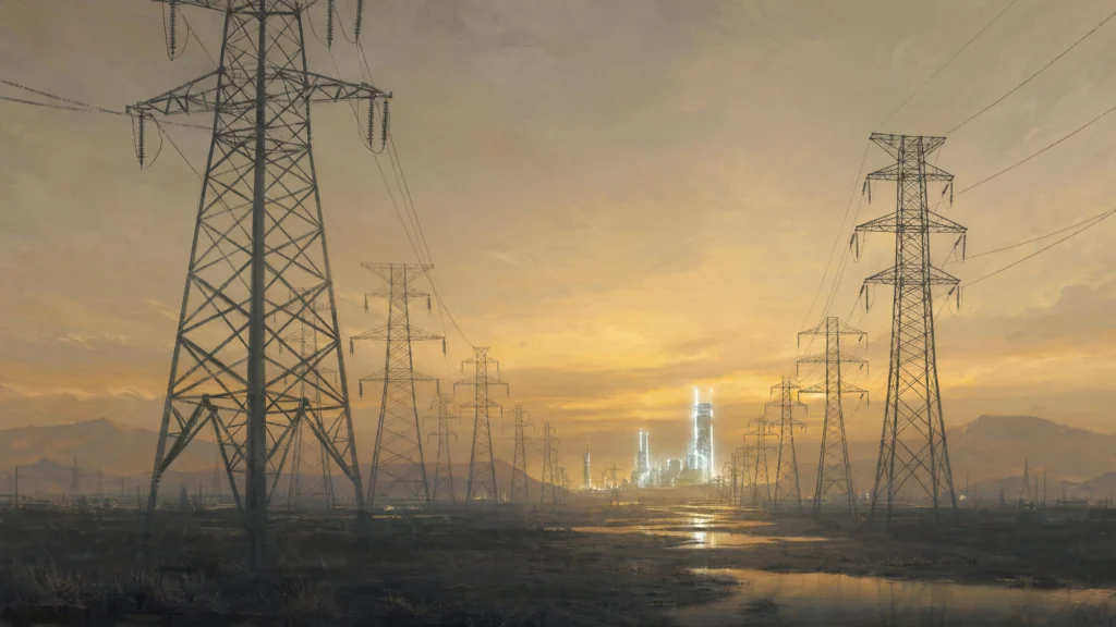 Rows of electrical transmission towers recede toward a glowing facility on the horizon at dusk, reflected in dark marsh water…