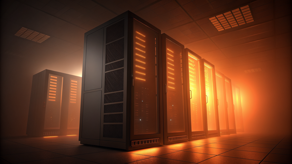 Three identical server silhouettes lit by shared infrastructure heat
