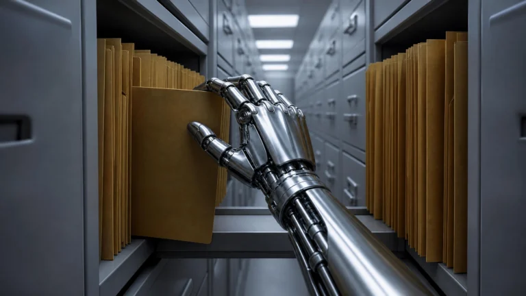 A chrome robotic hand pulls a manila folder from a file cabinet aisle, rows of identical folders receding under fluorescent light