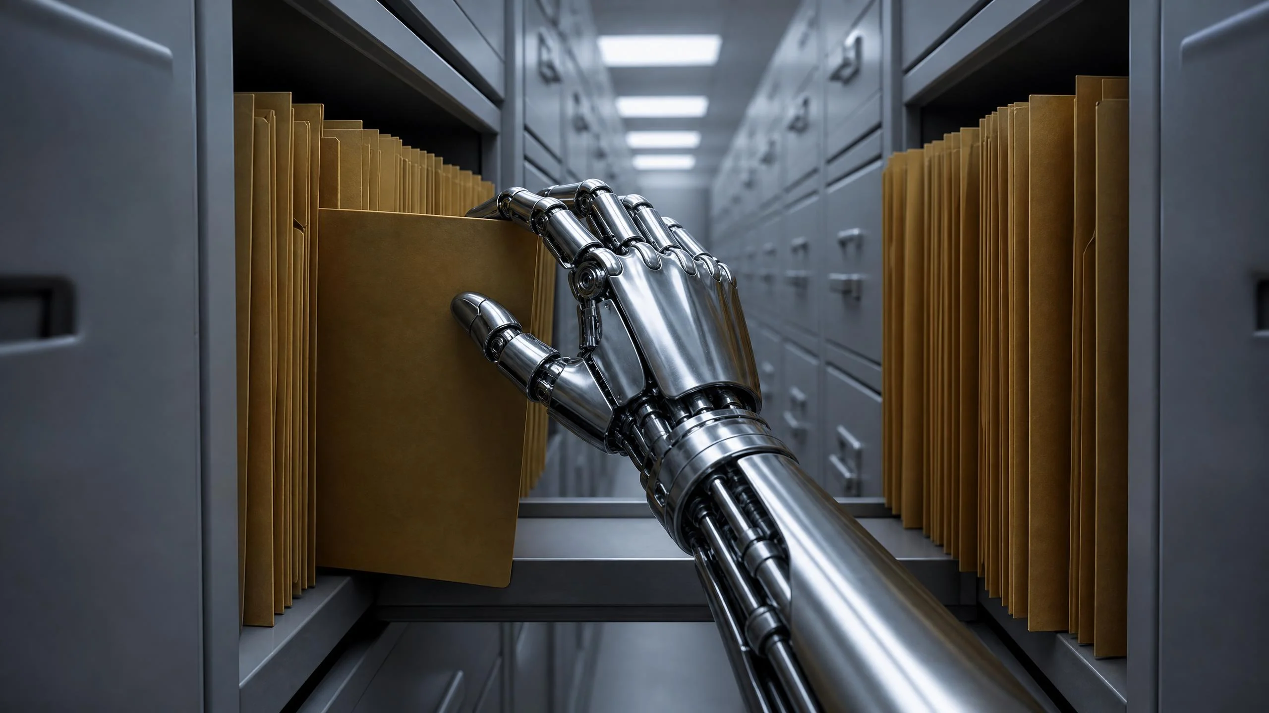 A chrome robotic hand pulls a manila folder from a file cabinet aisle, rows of identical folders receding under fluorescent light