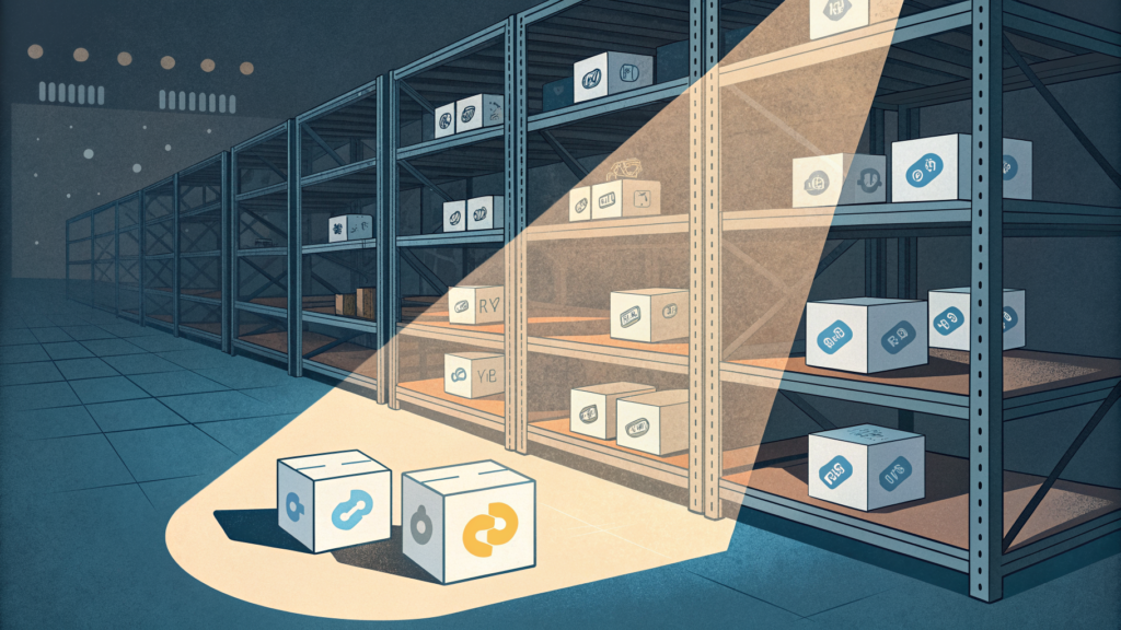 Abstract illustration of a software package repository where one entry is visibly distinct — an out-of-alignment cube glowing faintly, suggesting an anomaly among legitimate packages