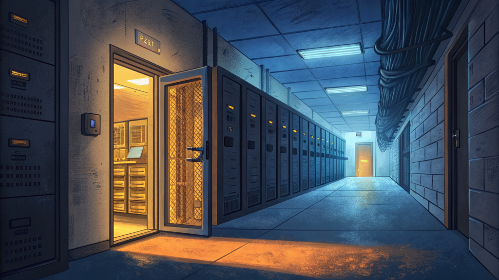A server room corridor at night, amber rack lights on one side, a propped-open door letting in blue exterior light — containment failed but still attempted
