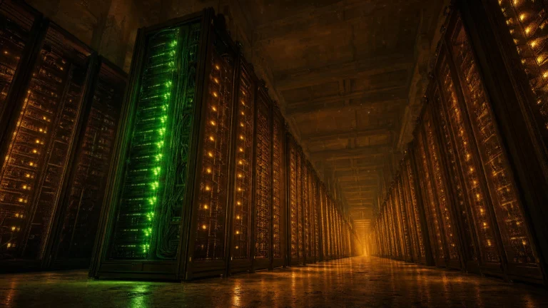 A cavernous server hall stretching to a glowing vanishing point, rows of amber-lit racks flanking both sides, one open foreground rack blazing green in the dark