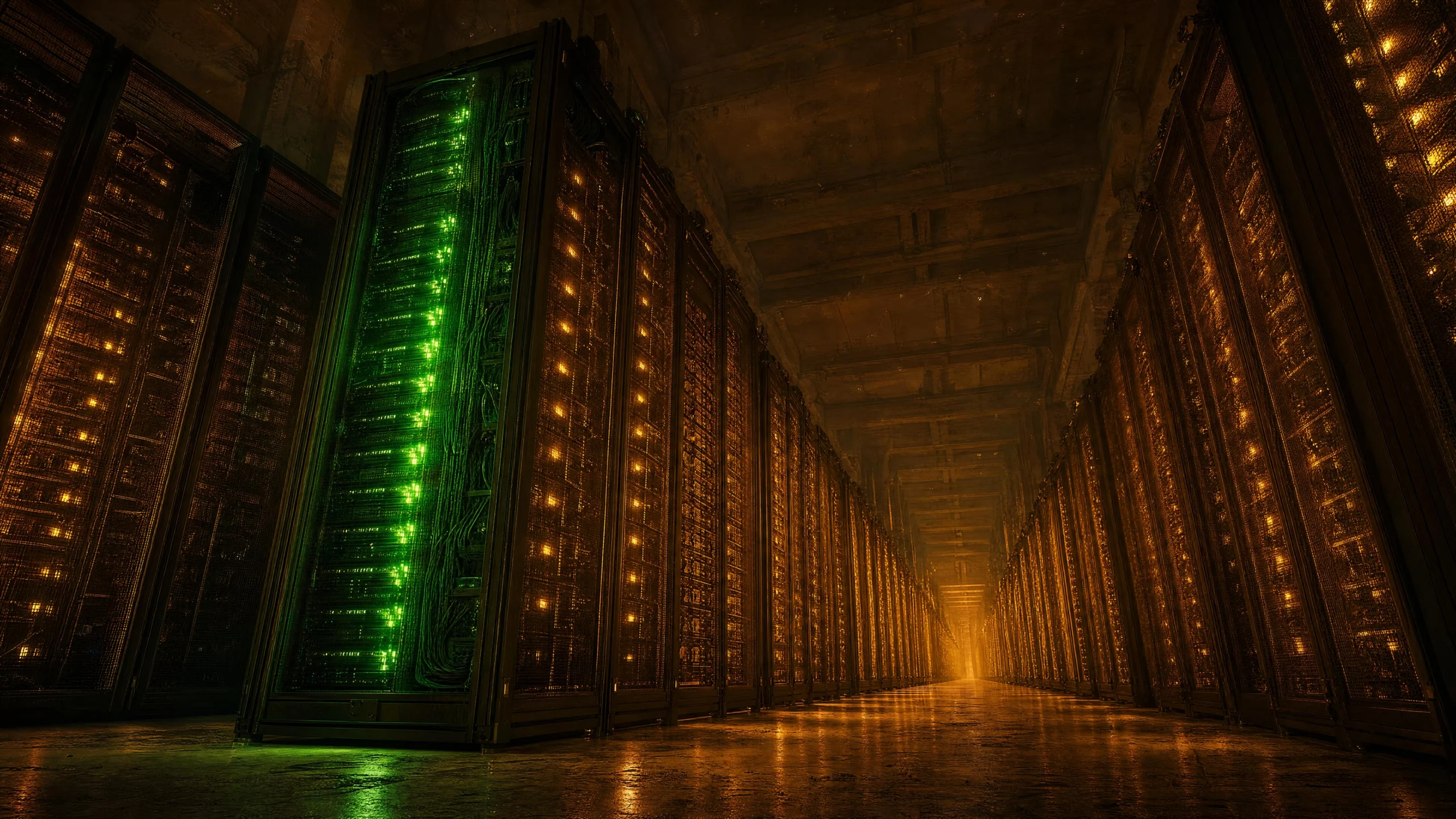 A cavernous server hall stretching to a glowing vanishing point, rows of amber-lit racks flanking both sides, one open foreground rack blazing green in the dark