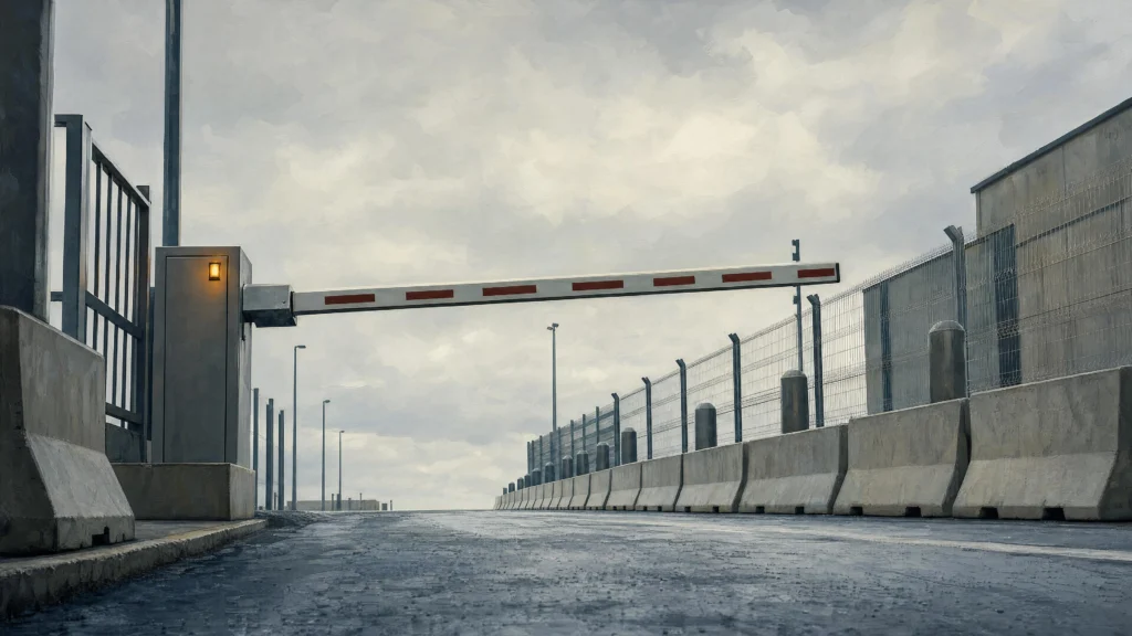 A horizontal barrier gate spanning a secure access lane flanked by concrete barriers and fencing, a warm amber light glowing on the control box under an overcast…