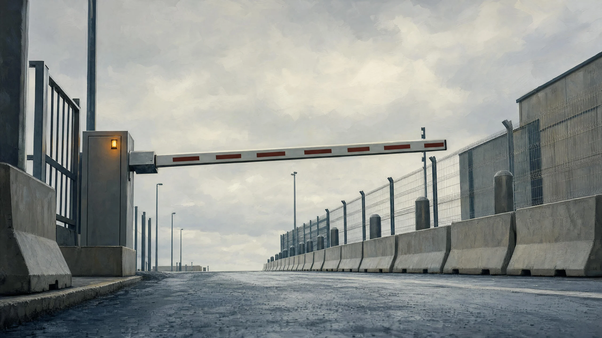 A horizontal barrier gate spanning a secure access lane flanked by concrete barriers and fencing, a warm amber light glowing on the control box under an overcast sky