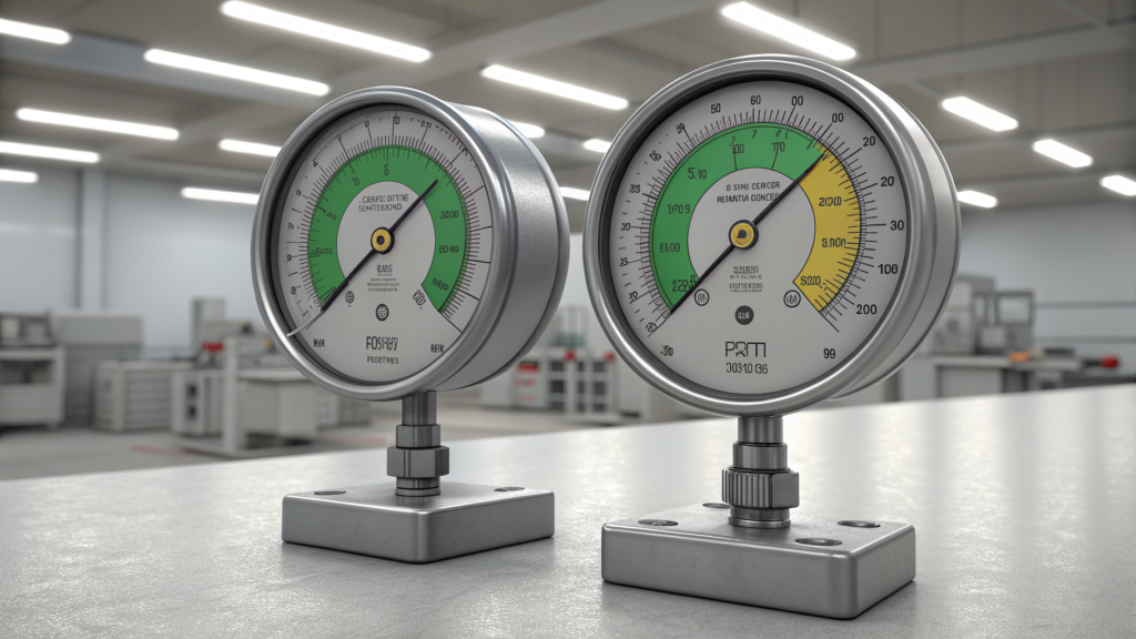 Two calibration gauges showing the same scale — one needle at the ideal point, one drifted slightly into the warning zone