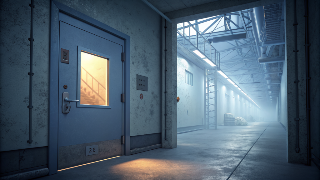 A frosted-glass institutional door, light spilling from a secured room beyond into a dim corridor