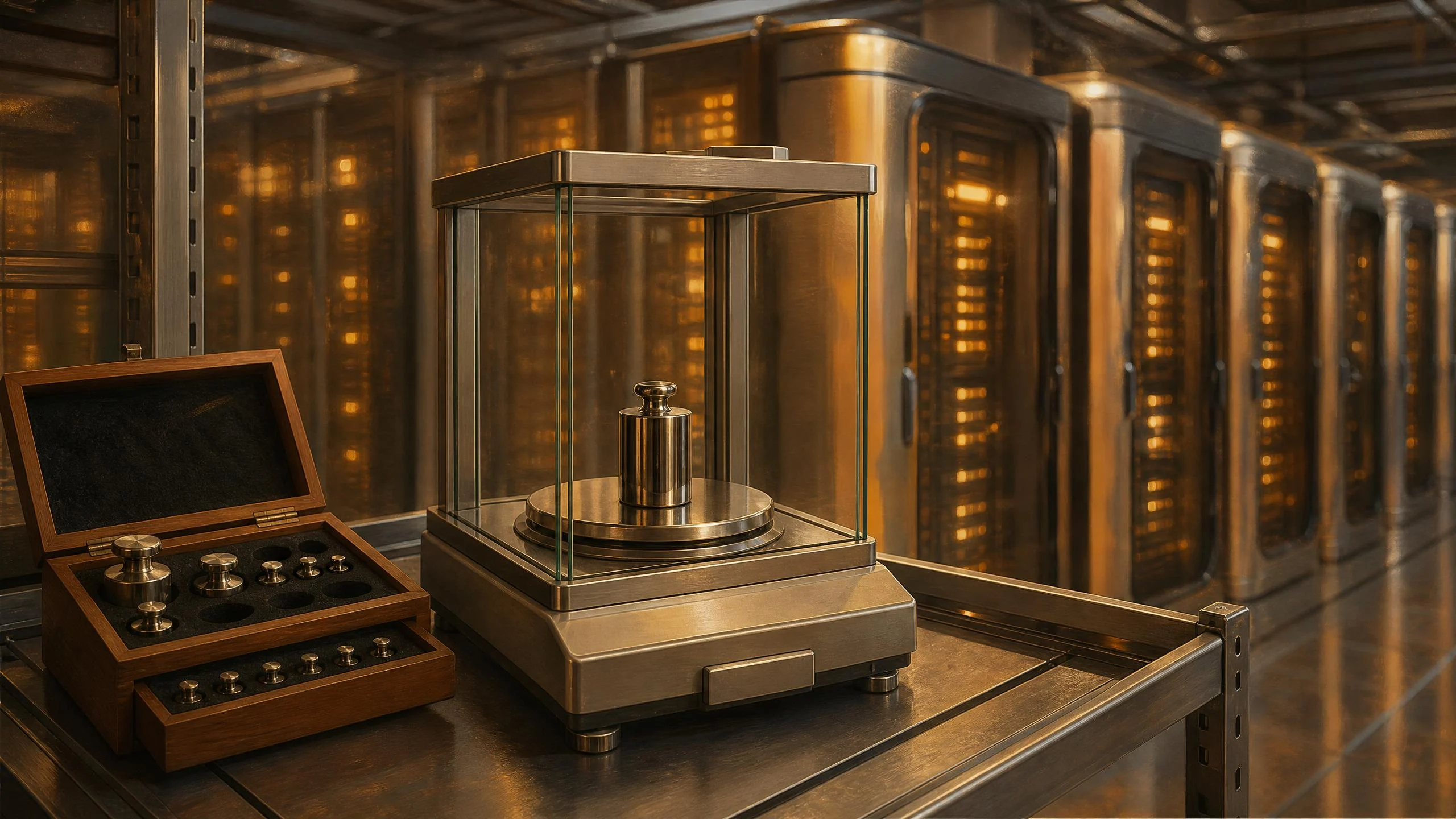 An analytical balance holding a calibration weight stands on a steel rack in an amber-lit server hall