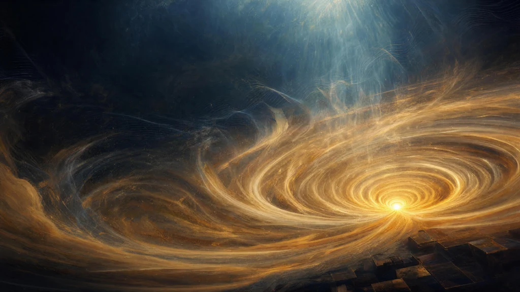 Amber fluid vortex spiraling toward a glowing singularity point, cool blue light rays above, faint geometric grid at lower…