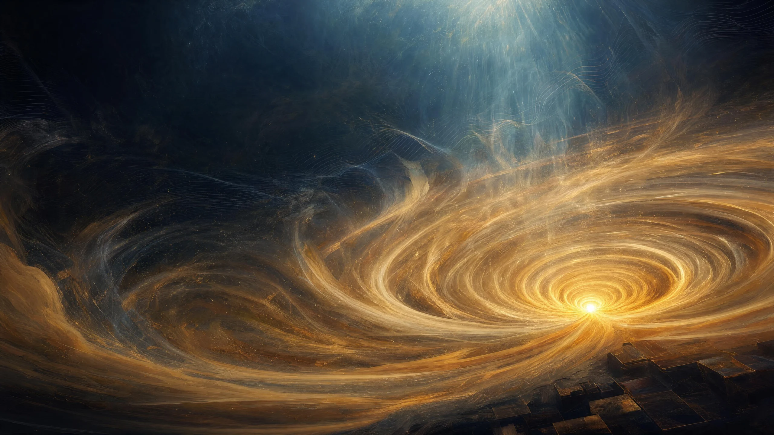 Amber fluid vortex spiraling toward a glowing singularity point, cool blue light rays above, faint geometric grid at lower edge