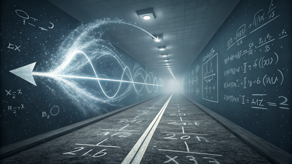 Conceptual illustration of two parallel mathematical derivation paths approaching the same result from the same 2024 foundation