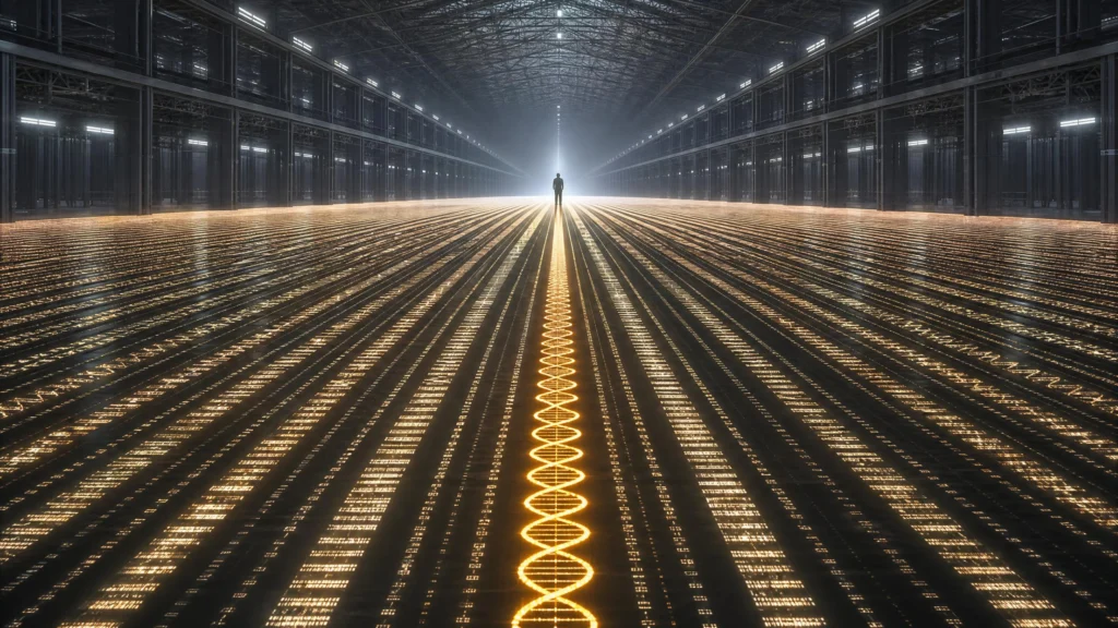 Lone silhouette at the far end of a vast dark hall, floor tiled with amber genomic data rows and a glowing DNA helix running the center…
