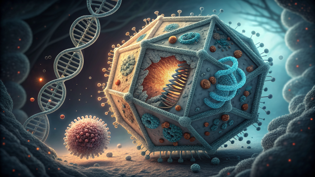 A bacteriophage capsid cross-section showing tightly packed DNA strands, with the reverse transcriptase gene and adjacent repeat array marked in amber…