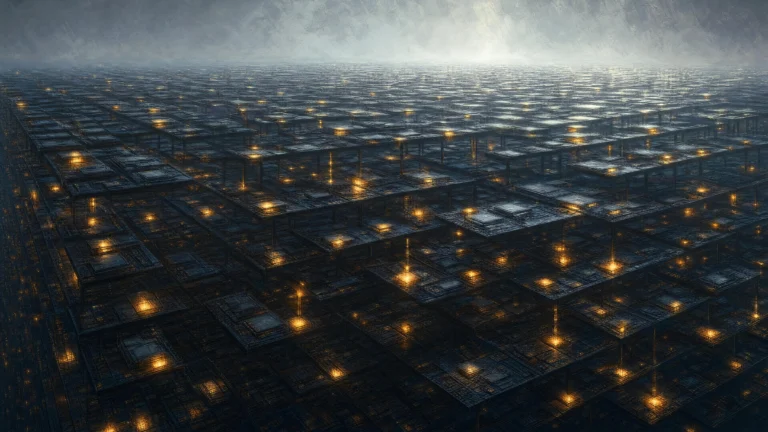 An infinite dark grid of metallic platform cells recedes to a pale misty horizon, with scattered amber pillars glowing upward from a handful of positions while the vast majority stay dark