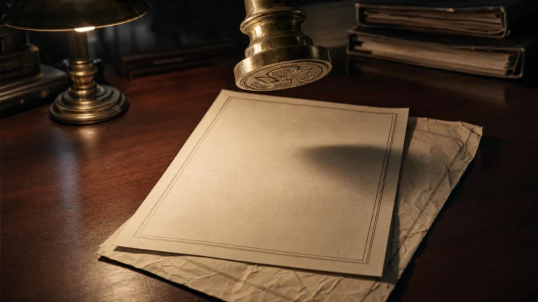An eagle-engraved brass seal poised above two documents on a mahogany desk, the lower document crumpled, lit by a brass banker's lamp at left