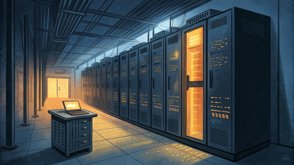 A mechanical counter ticking up inside a darkened server aisle, amber warmth against cold blue shadows