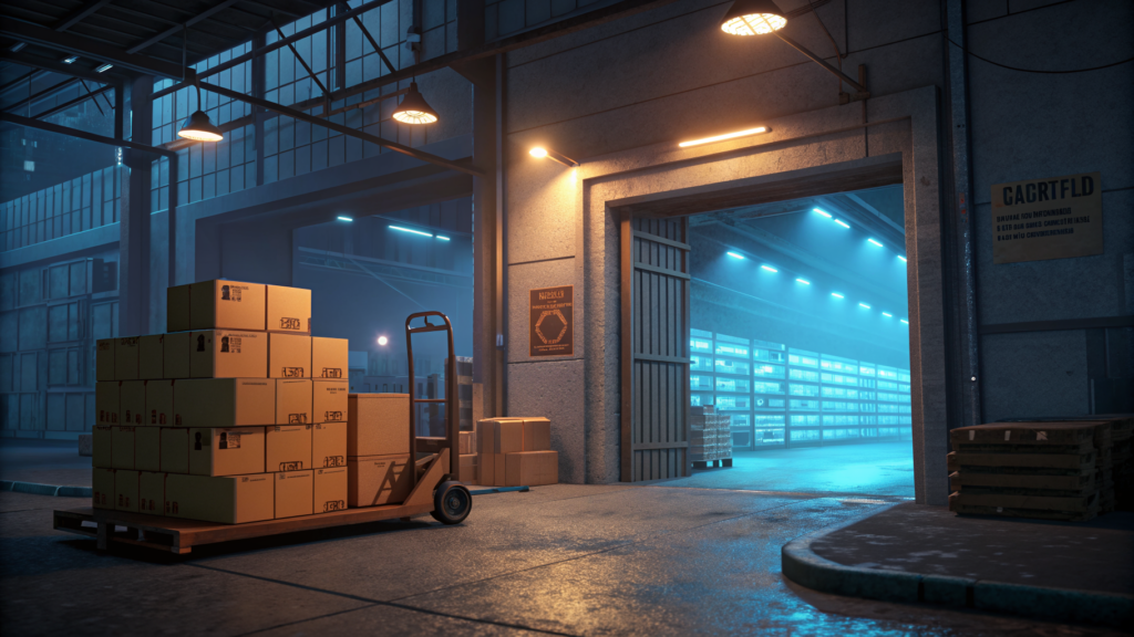 Shipping boxes crossing from a tungsten-lit loading dock into a blue-glowing server room beyond