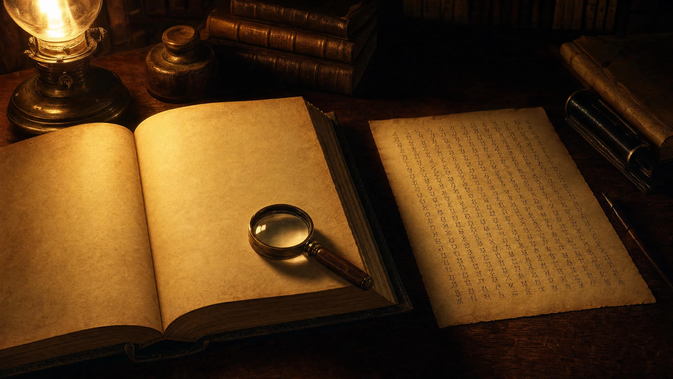An open book with a blank left page and a handwritten cipher sheet alongside it under warm lamplight, a magnifying glass resting on the empty page