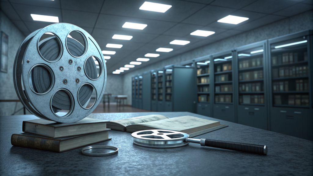 A microfilm viewer showing a blank frame in an archive reading room, the expected page content absent