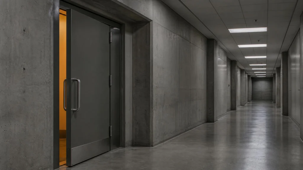 A grey concrete corridor receding into fluorescent shadow, a heavy metal double door on the left standing ajar with warm amber light showing…