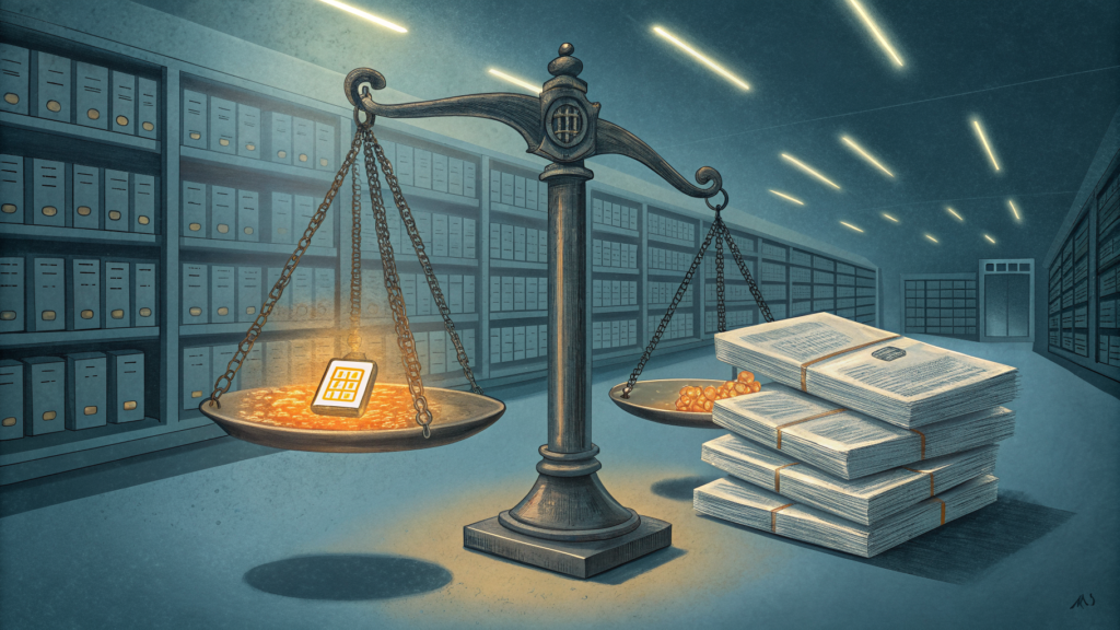A balance scale tipping under the weight of military procurement documents against a glowing circuit form, in a cold archival…
