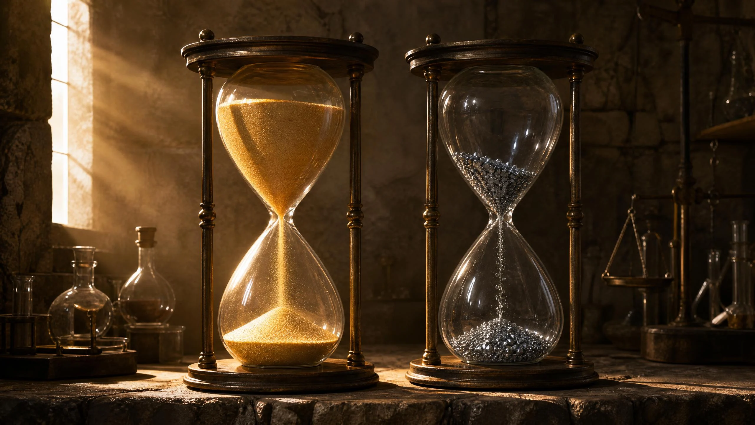 Two brass hourglasses in warm sidelighting — left filled with fine golden sand, right with sparse silver granules, both at identical fill level