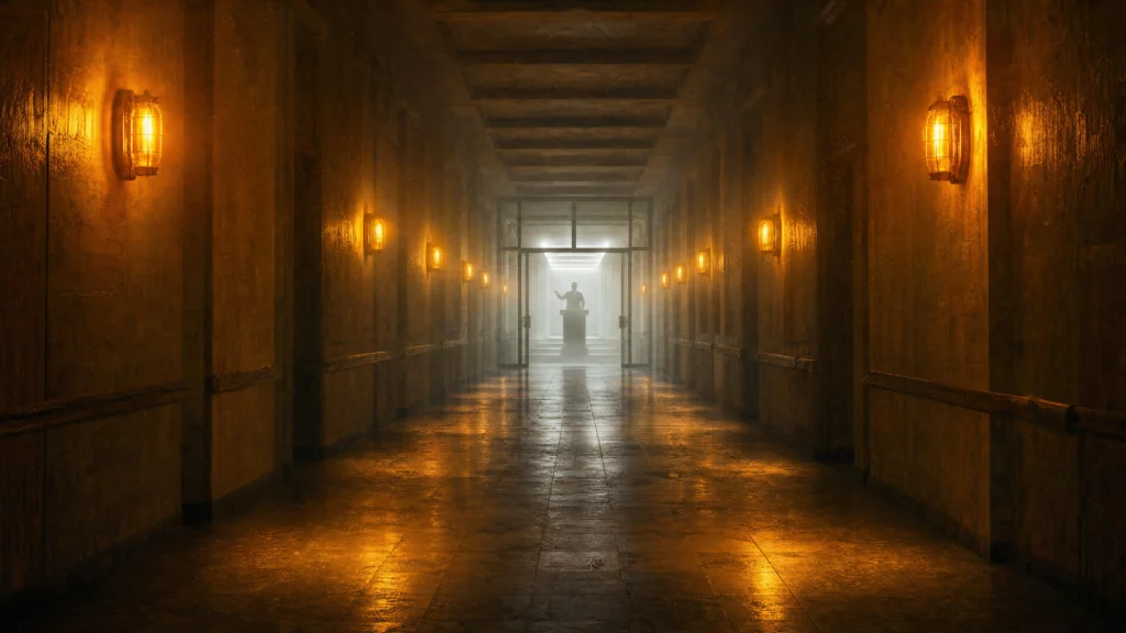 A long institutional corridor lit by amber cage-wall sconces, with a silhouetted figure at a lectern visible at the far end through glass…