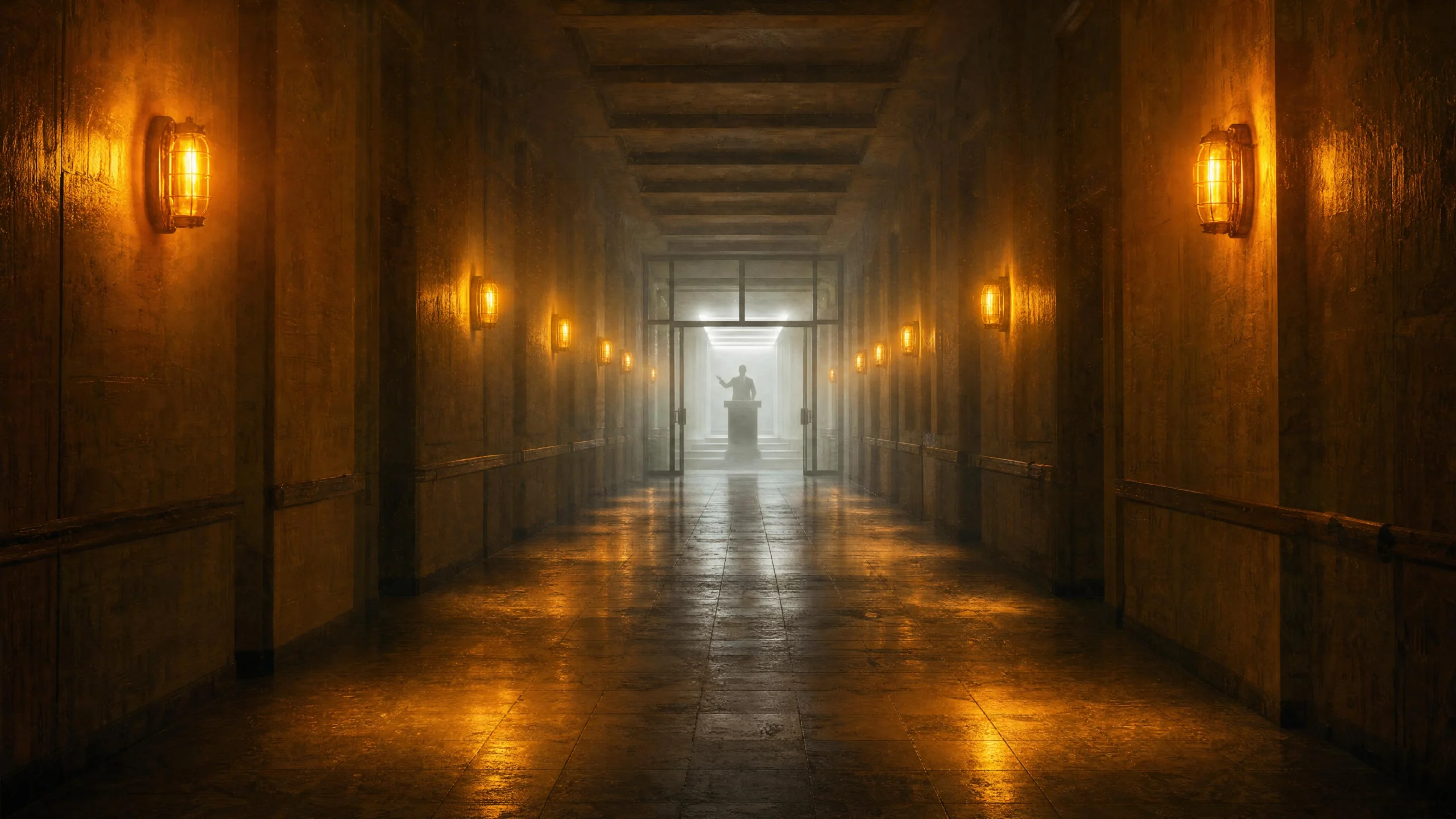 A long institutional corridor lit by amber cage-wall sconces, with a silhouetted figure at a lectern visible at the far end through glass doors