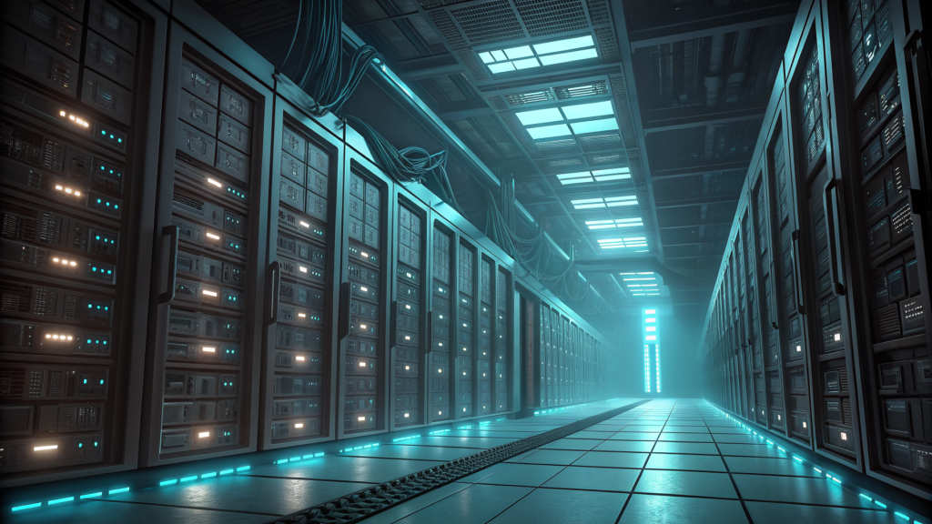 A server aisle where organized columns of packages descend methodically into rack slots under cold blue light