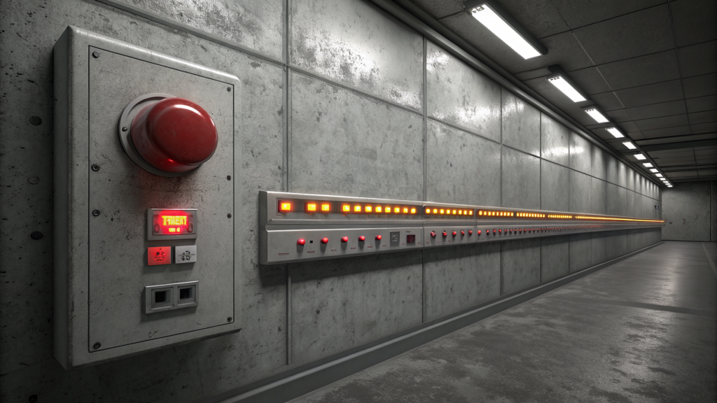 A timeline indicator panel with long rows of amber signals and one oversized red alert at the end