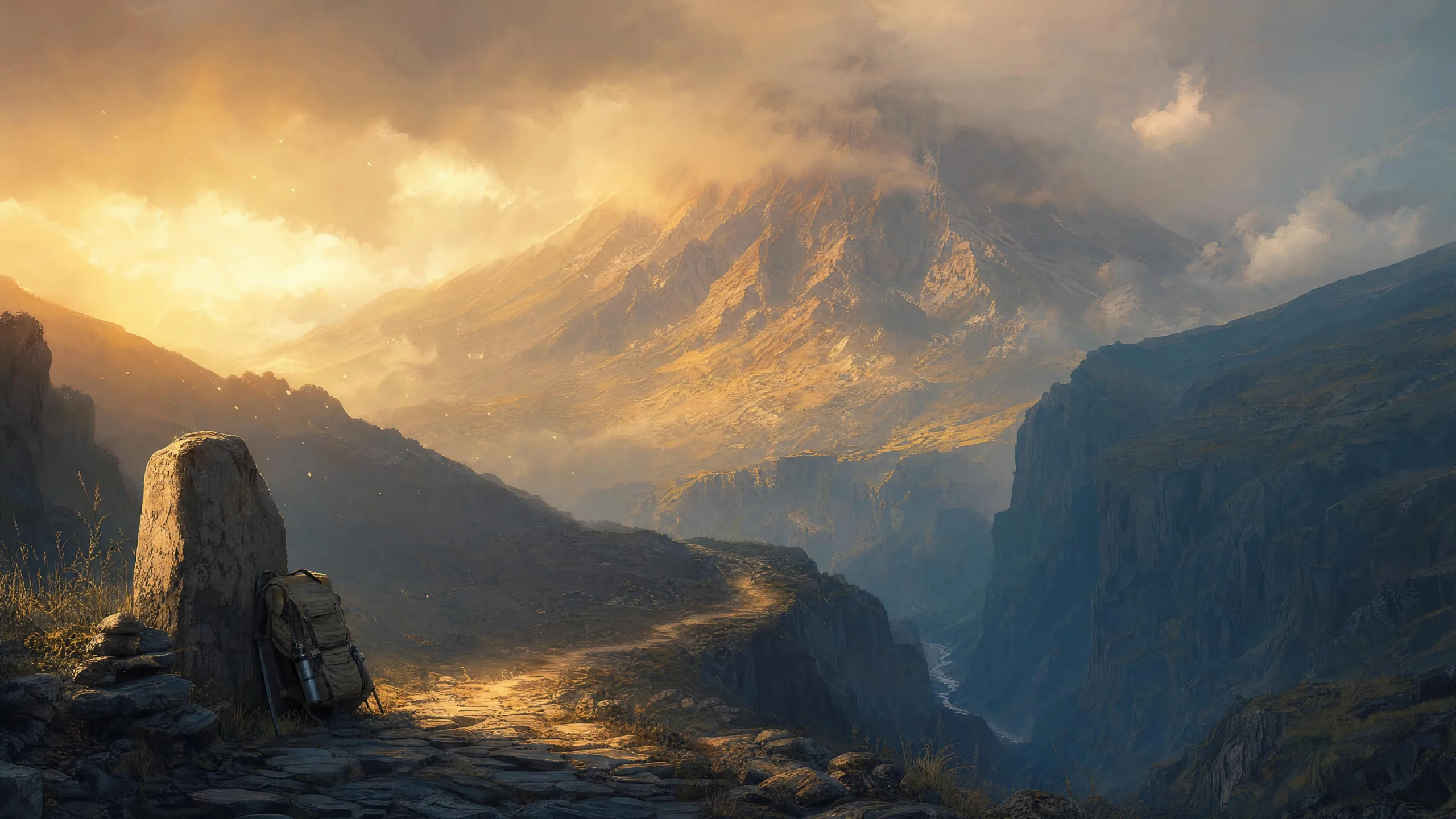 A small hiking backpack and water bottle leaning against a stone marker at a canyon trailhead, an immense mountain rising in amber morning light through cloud