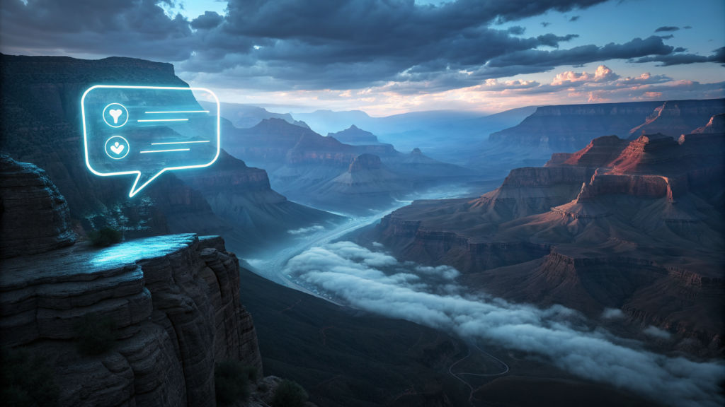 A glowing AI terminal hovers over a fog-filled mountain canyon, confident display above illegible terrain